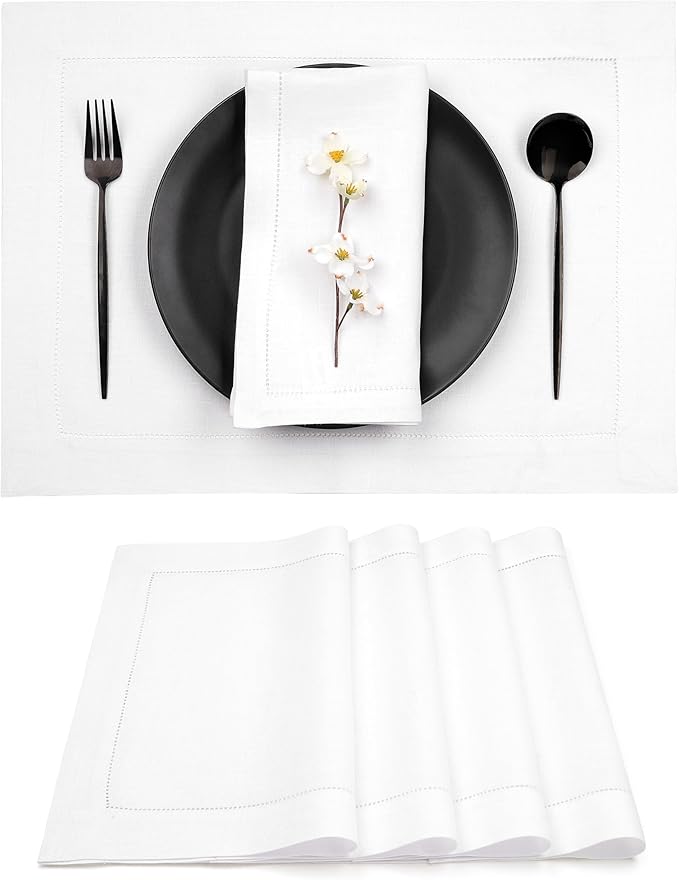 D'Moksha Homes White Linen Placemats Set of 4 - Classic Hemstitch Placemats 14 x 19 Inch - 100% Pure Linen Table Mats for Fall, Thanksgiving, Christmas, Holiday - Handcrafted and Machine Washable