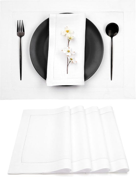 D'Moksha Homes White Linen Placemats Set of 4 - Classic Hemstitch Placemats 14 x 19 Inch - 100% Pure Linen Table Mats for Fall, Thanksgiving, Christmas, Holiday - Handcrafted and Machine Washable