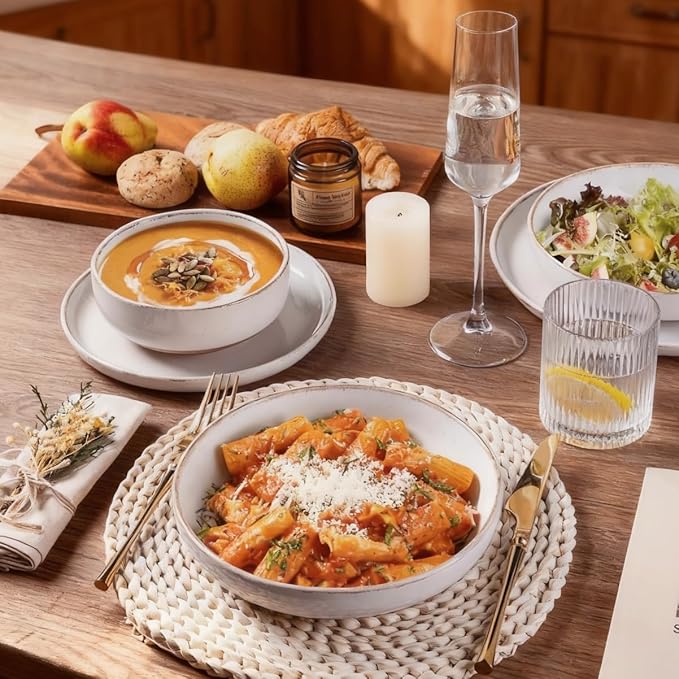 AmorArc Ceramic Dinnerware Sets with Pasta Bowls for 4, Handpainted Plates and Bowls Set with Rustic Terracotta Underside, Scratch Resistant Dishes Set, Dishwasher & Microwave Safe, 16 Pcs-White