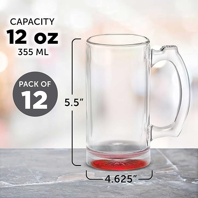 12 Libbey Beer Mugs Set, 12 oz. - Groomsmen Glassware - Red