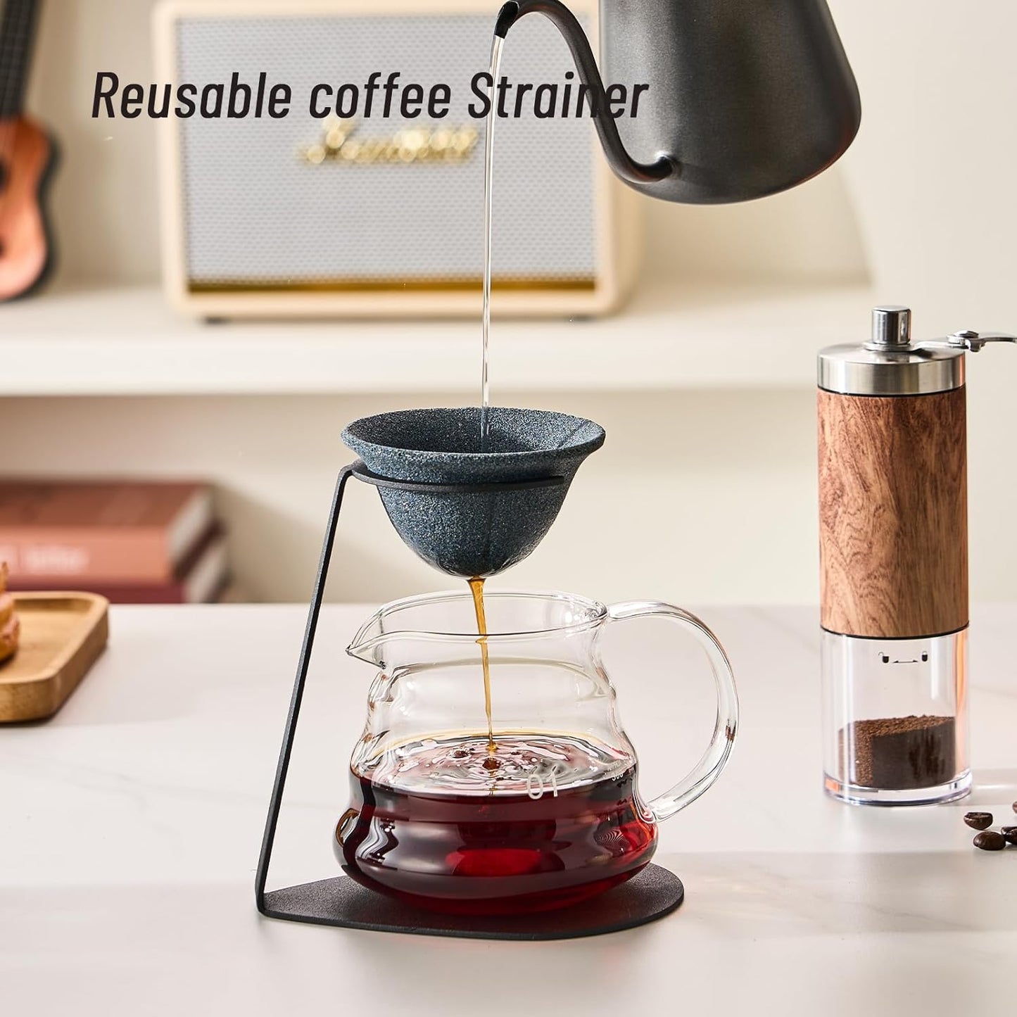 Pour Over Coffee Dripper Set, Reusable Ceramics Coffee Filter, Paperless Single Cup Coffee Maker with Non-Slip Stand, Drip Coffee Maker with Metal Coffee Filter Holder