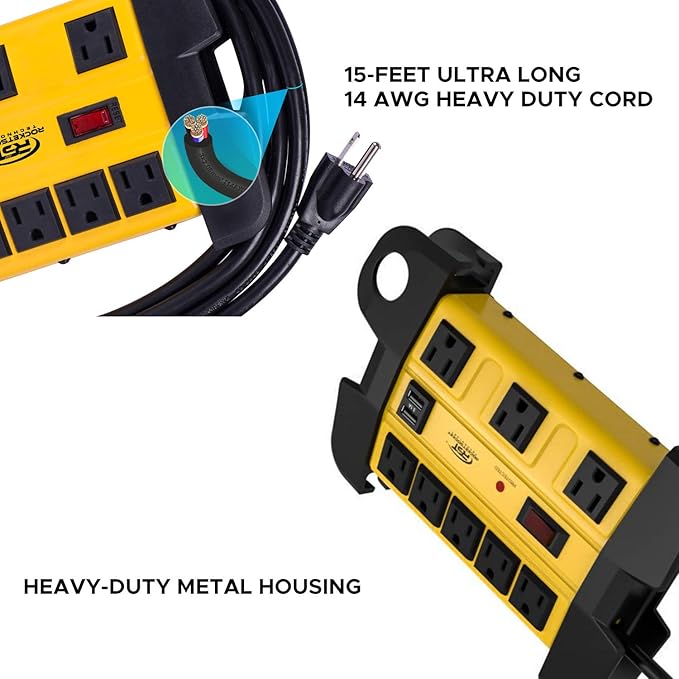 Heavy Duty Power Strip Surge Protector with USB,CRST Metal Power Strip with 2 USB 15 A 1875W, 15-Foot Long Cord 1350 Joules for Home, Kitchen, Office, School, ETL Listed… Yellow
