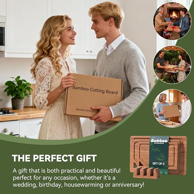Bamboo Cutting Boards for Kitchen, [Set of 3] Wood Cutting Boards with Deep Juice Grooves, Built-in Handles & Holder, Charcuterie board & Chopping board for Meat, Vegetables and Fruits,Brown