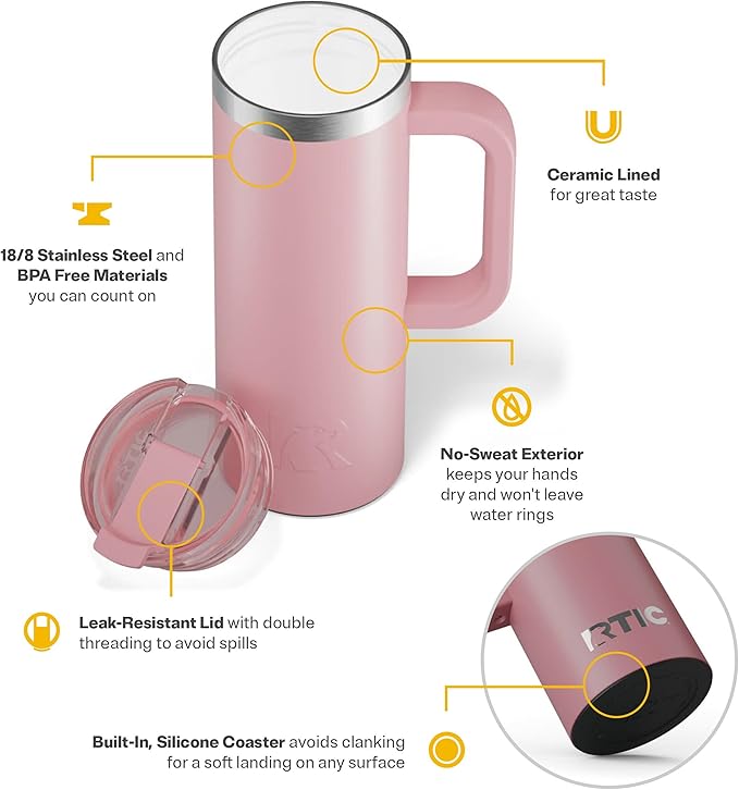 RTIC 20oz Road Trip Travel Mug with Lid and Handle, Ceramic Lined, Insulated, Stainless Steel, Metal, Double Wall Vacuum-Insulation, Portable Coffee, Tea Cup for Hot and Cold Drink, Dusty Rose