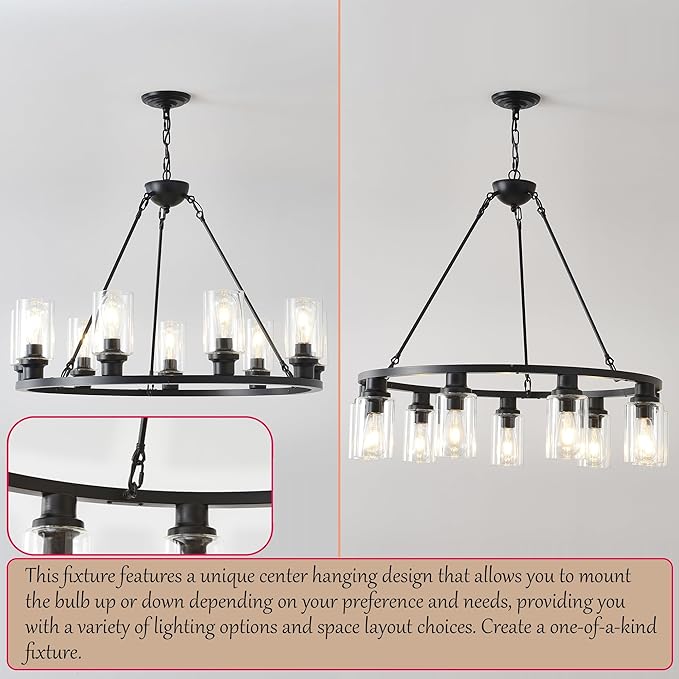32“ Black Wagon Wheel Chandelier, 9-Light Farmhouse Glass Pendant Lights Kitchen Island Round Hanging Lighting fixtures Ceiling for Living Room, Dining Room, Kitchen Island, Entryway, Foyer