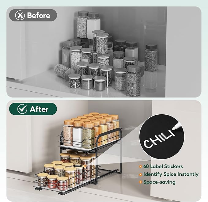 Spice Rack Organizer for Cabinet - 2-Tier Vertical Pull Out Spice Rack, Heavy Duty Metal Spice Shelf with Easy to Install Design, Fits Countertop, Cabinet & Pantry(7" W×10.5" D×9" H, Black)