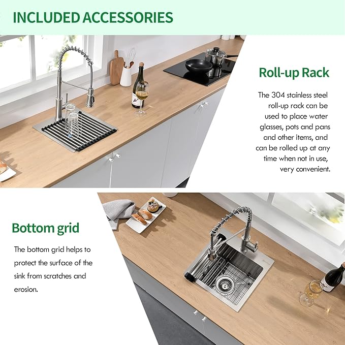 Drop In Kitchen Sink, 15 x 15 x 10 Inch 16 Gauge Single Bowl Topmount Wet Bar Sink T-304 Stainless Steel RV Kitchen Sinks
