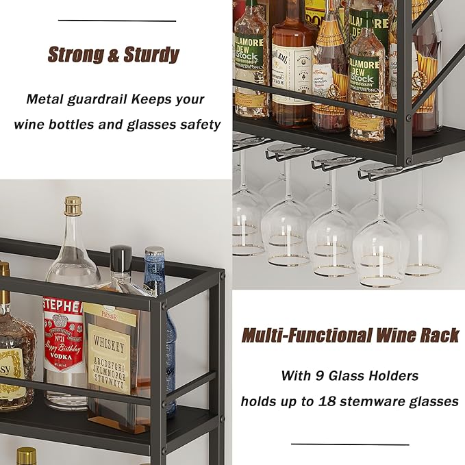 Wall Mounted Wine Rack 2 Tier, Metal Bar Liquor Shelves and Glass Holder,Wall Bar Shelf Wine Display Storage Holder for Home Bar, Dining Room, Kitchen(31.4×7.8×26in)