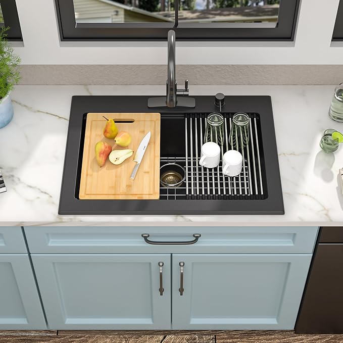 30"x22" Granite Composite Kitchen Sink – Matte Black Ledge Workstation Drop-In Topmount Granite Quartz Classic Single Bowl Sink Basin