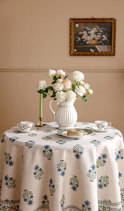 Floral Tablecloth for Round Tables,Linen Table Cloth with Blue Flowers and Green Leaves Pattern,Heavy Durable Table Cover for Dining Kitchen Decor Party Christmas,Diameter 55"