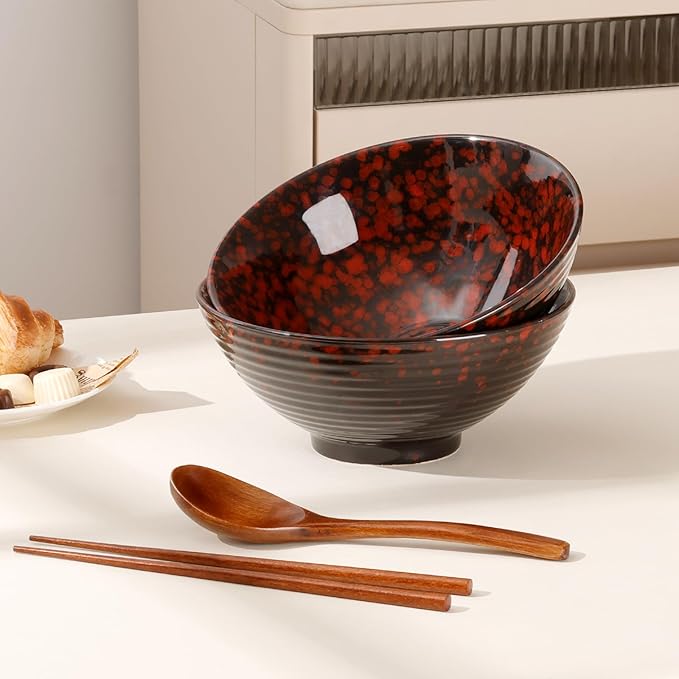 NUTRIUPS 8 Inch Ceramic Ramen Bowl Set of 2 Pho Bowls 40oz Japanese Noodle Udon Soup Bowls with Spoons and Chopsticks (Lava Burst Red)