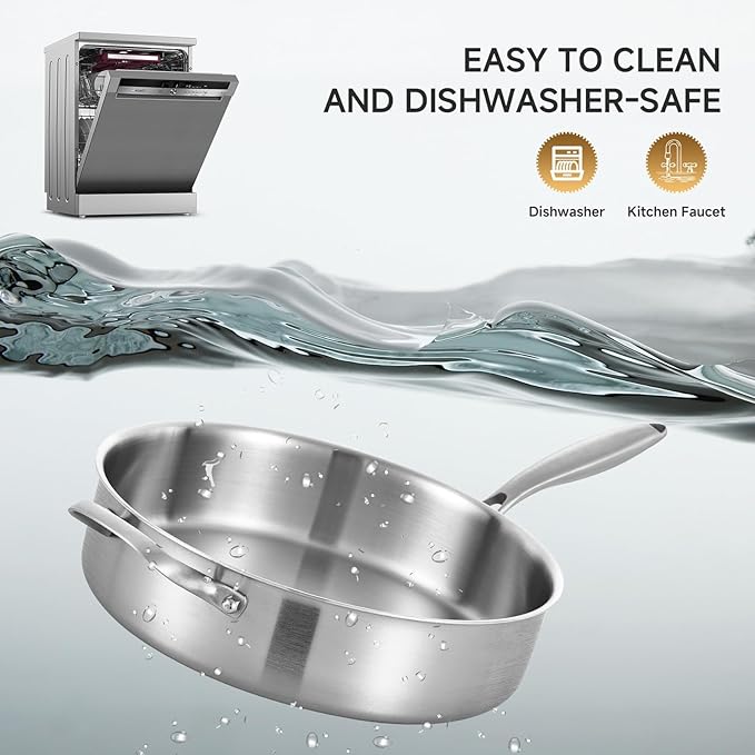 LOLYKITCH Whole Body Tri-Ply Stainless Steel 5.5 QT Sauté Pan with Lid,12 Inch Deep Frying Pan,Jumbo Cooker,Dishwasher and Oven Safe,Detachable Handle.