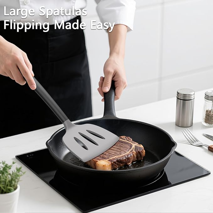 Coukre 3 Pack Silicone Spatula Set, High Heat Resistant, BPA-Free, Fish Spatula, Solid & Slotted Turner for Non-Stick Pans, Flipping Eggs, Pancakes, Fish, Burgers (3, GrayBlack)