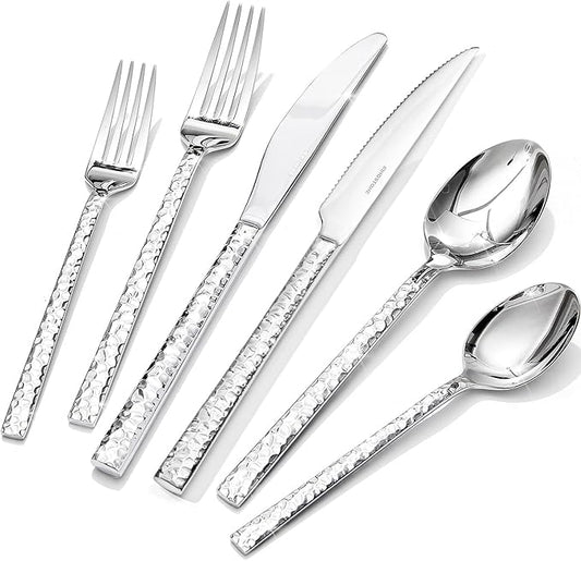 KINGSTONE 48 Piece Silverware Set with Steak Knives, Hammered Silverware Set for 8, 18/10 Stainless Steel Flatware, Cutlery Set for Home, Party, Wedding, Mirror Polished Dishwasher Safe