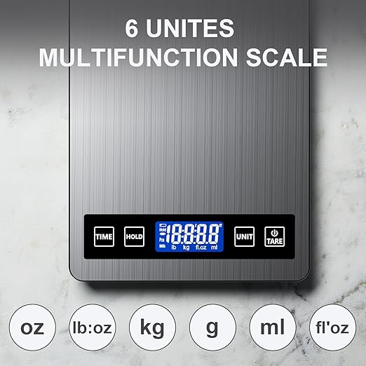 Food Scale Rechargeable, 22lb Digital Kitchen Scale Weight Grams and oz with Timer & Hold Function for Cooking Baking, 1g/0.1oz Precise Graduation, Stainless Steel and Tempered Glass