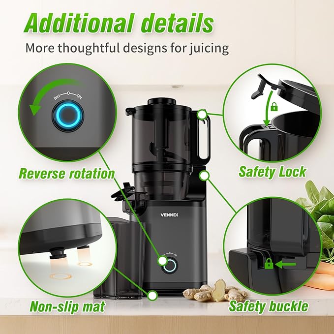 VENNXE Cold Pressed Juicer, Slow Masticating Juicers Machines for Vegetable and Fruits, Easy to Clean Juice Extractor with 50 oz Capacity and 5.7" Extra Large Feed Chute, BPA Free Electric Juice Maker
