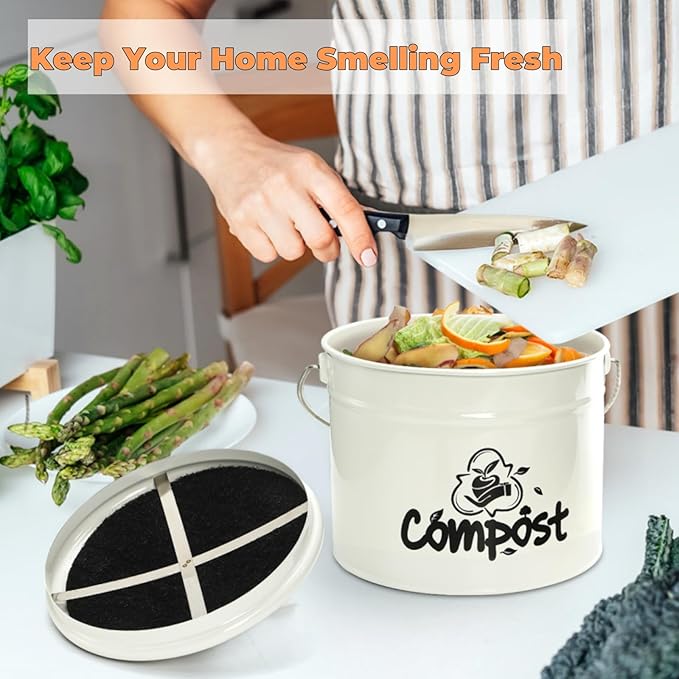 Small Kitchen Compost Bin, 1 Gallon Odorless Composter Container, Food Waste Bucket with Charcoal Filter Lid, Indoor Farmhouse Composting Pail Canister for Trash Scraps, Carrying Handle