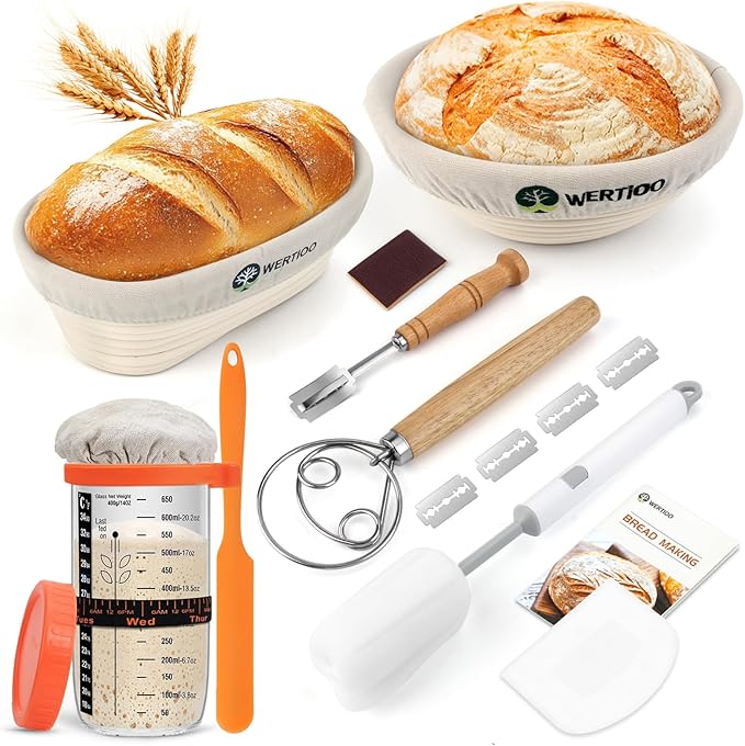Sourdough Bread Baking Supplies, Sourdough Starter Kit, 9 Inch Round & 10 Inch Oval Banneton Bread Proofing Basket with 24 Oz Glass Jar, Sour Dough Tools with Danish Dough Whisk & Scraper