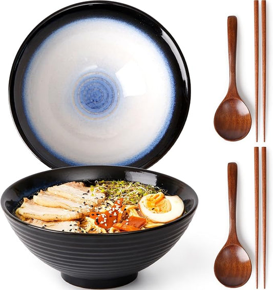 NUTRIUPS 8 Inch Ceramic Ramen Bowl Set of 2 Pho Bowls 40oz Japanese Noodle Udon Soup Bowls with Spoons and Chopsticks (Moon Blue)