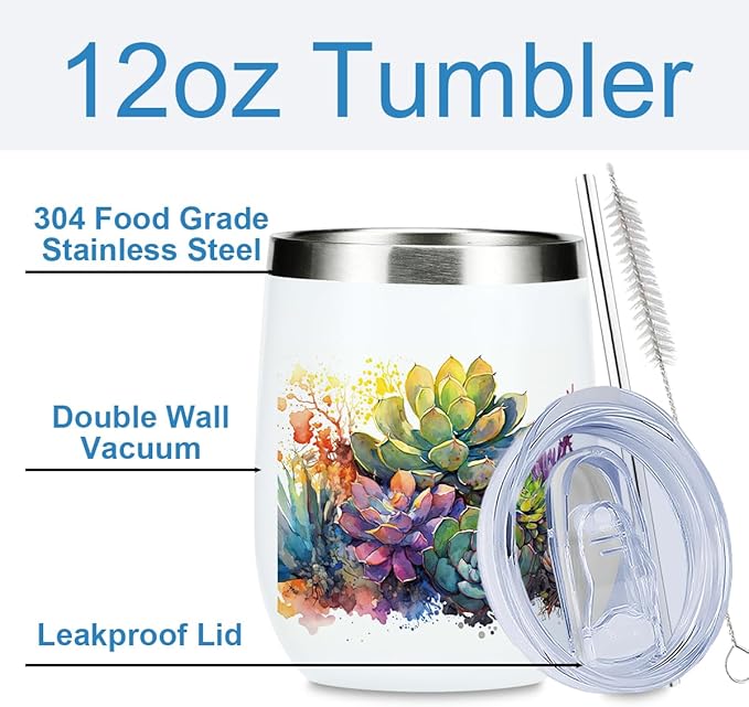 Watercolor Cactus Gardening Gifts Cute Succulent Wine Tumbler Insulated Wine Glasses 12 oz Tumbler with Lid for Women Men Cactus Lovers Female Girl Mom Grandma Coworker Birthday Christmas Anniversary