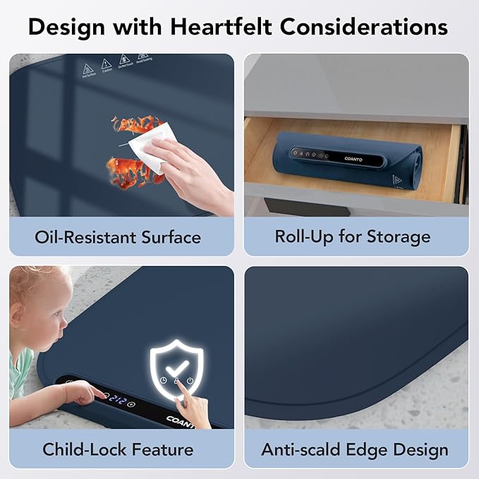 Coanto Food Warming Mat, Electric Warming Tray for Buffets & Parties, Silicone Heating Mat with 7 Temperature Settings, Roll-Up Storage, 17.91"x12.8", Blue