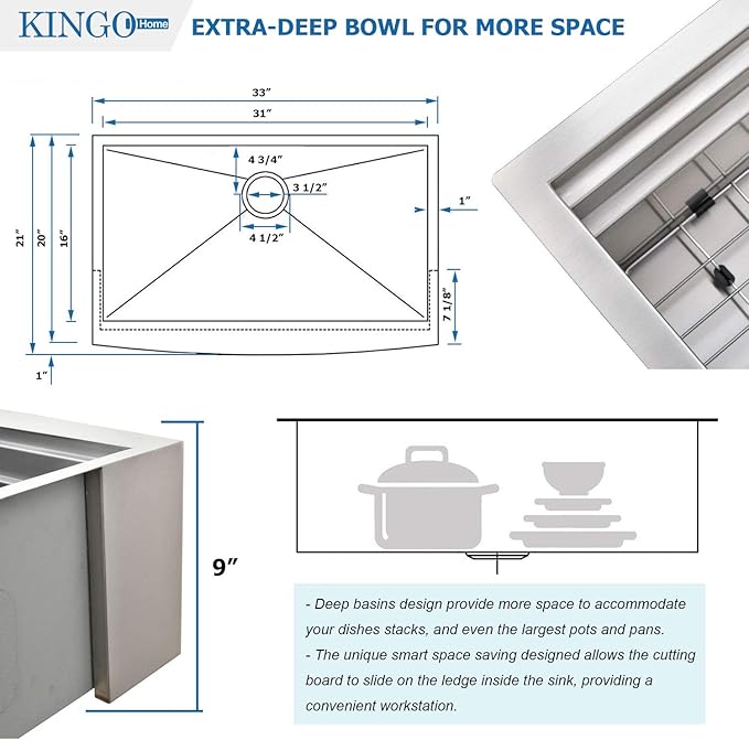 33 Inch 18 Gauge Handmade Stainless Steel Single Bowl Farmhouse Sink, Modern Farm Sink 33 Inch Apron Farmer Sinks for Kitchen Rustic With Accessories