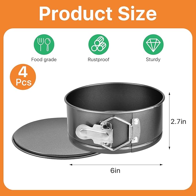 4 Pcs 6 Inch Springform Pan, Non Stick Round Cake Pans with Removable Bottom, Carbon Steel Cheesecake Pan, Spring Form Pan Cake Mold for Baking Kitchens Restaurant (Black)