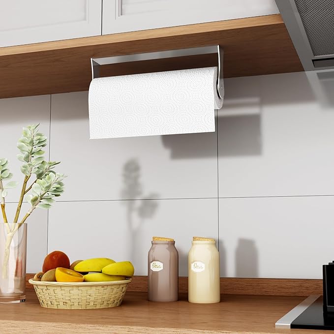 Paper Towel Holder Under Cabinet, Wall Mount Paper Towel Holder for Kitchen Bathroom, Stainless Steel, Adhesive or Screws, Silver