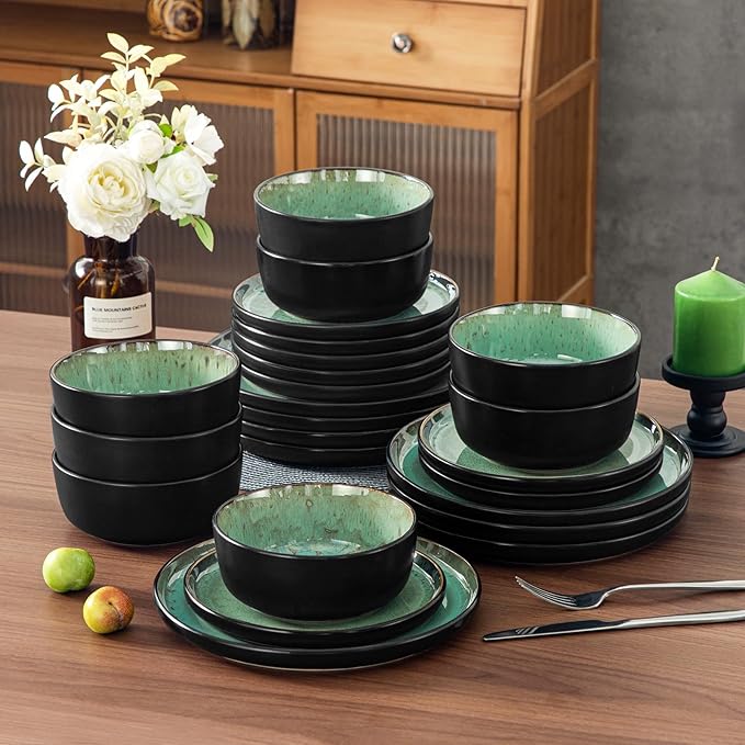 vancasso Plates and Bowls Sets, 24 Pieces Stoneware Dinnerware Sets for 8, Kitchen Dish Set Mircowave and Dishwasher Safe Dinner Set Ceramic Dishware, Turf Green, Series AMBER