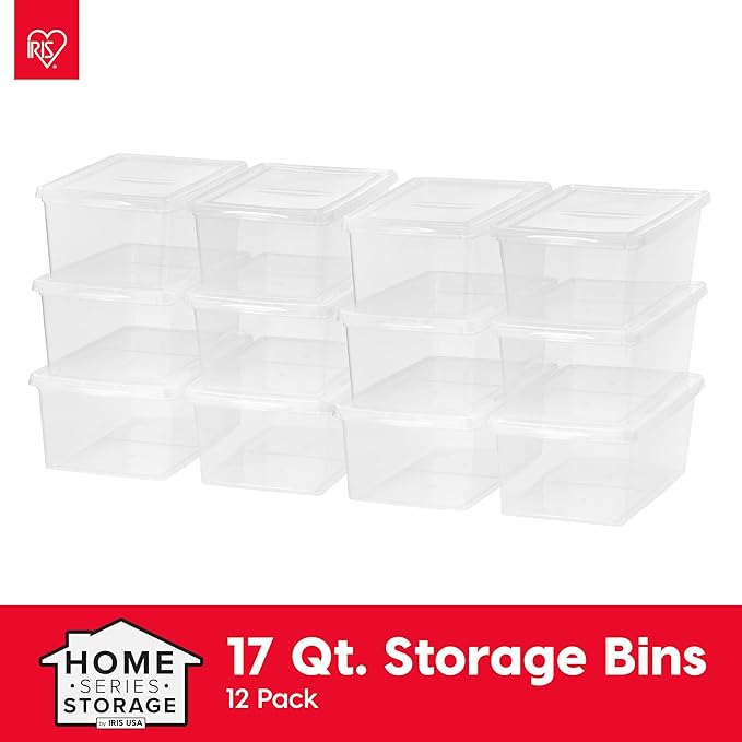 IRIS USA 12-Pack Storage Bins with Lids, 17 Quart, Shoe Boxes Clear Stackable Containers Organize Shoes Closet Shelves, Classroom Organization Teacher Tools, Game Storage - BPA-Free Plastic