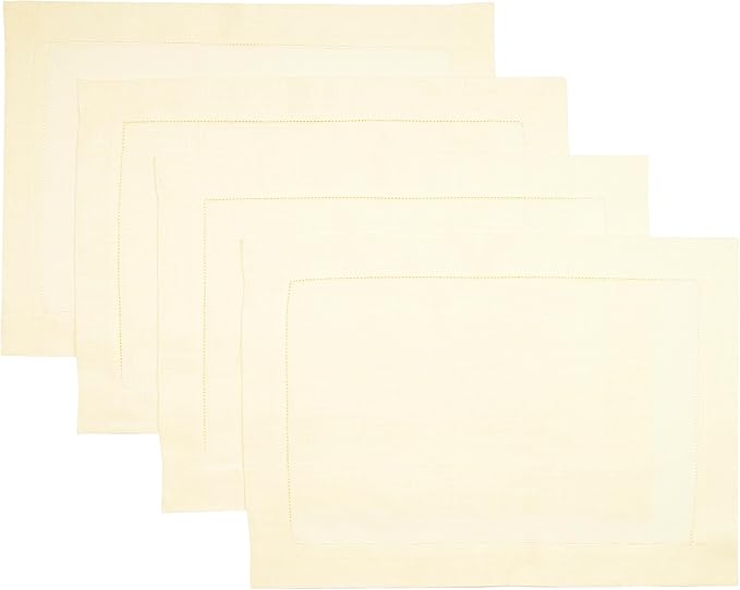 D'Moksha Homes Cream Linen Cloth Placemats Set of 4-100% Pure Linen Hemstitch Placemats 14 x 19 Inch - Classic Hemstitch Table Place Mats for Thanksgiving, Holiday - Handcrafted and Machine Washable