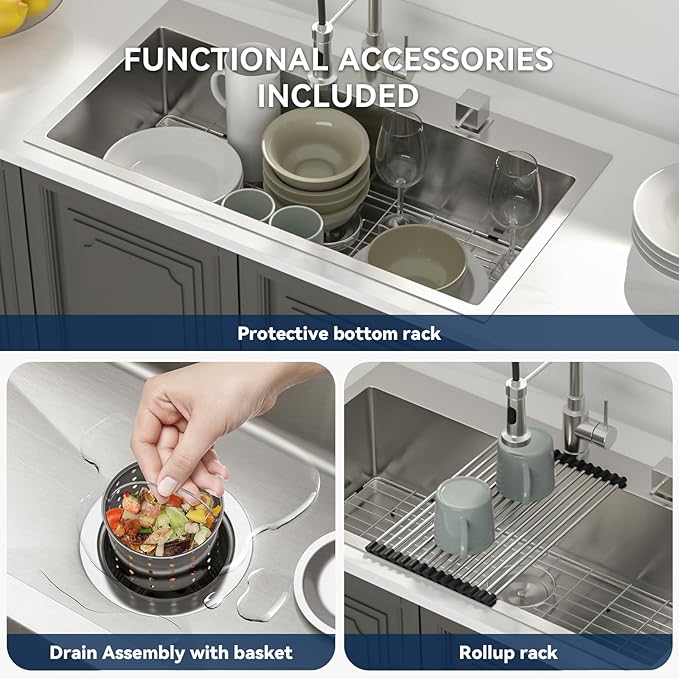 Lordear 36 Drop in Kitchen Sink - 36 x 19 Inch Topmount Kitchen Sink 16 Gauge Stainless Steel Single Bowl Deep Handmade Overmount Kitchen Sink with Drain Strainer