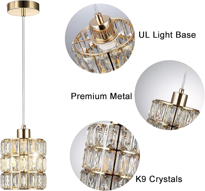 Gold Crystal Pendant Light, Pendant Lights Kitchen Island 3 Pack, Adjustable Modern Pendant Light, Hanging Light Fixtures for Dining Room Entryway Living Room Bar