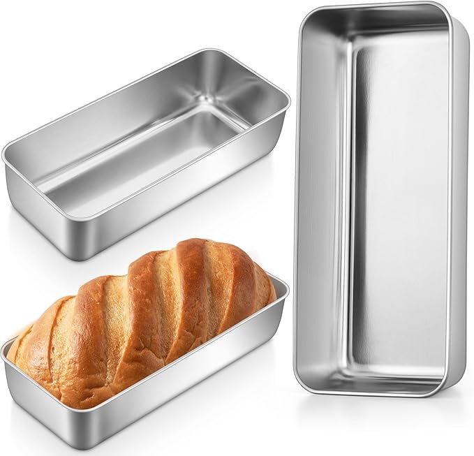 P&P CHEF Loaf Pans for Baking Bread, 12 x 5 Inch Large Stainless Steel Bread Loaf Pan Tins for Homemade Meatloaf Cake Brownies, Healthy & Sturdy, Oven & Dishwasher Safe, 3Pcs
