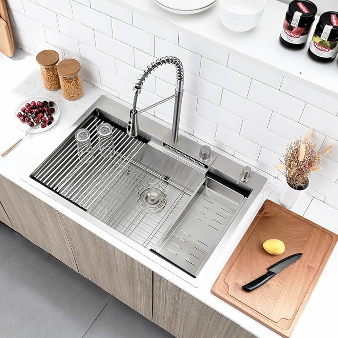 33 Inch Drop In Waterfall Kitchen Sink, 33x22 Drop in Kitchen Sink Waterfall Single Bowl Workstation 16 Gauge Stainless Steel Topmount Large Sinks with Faucet Combo