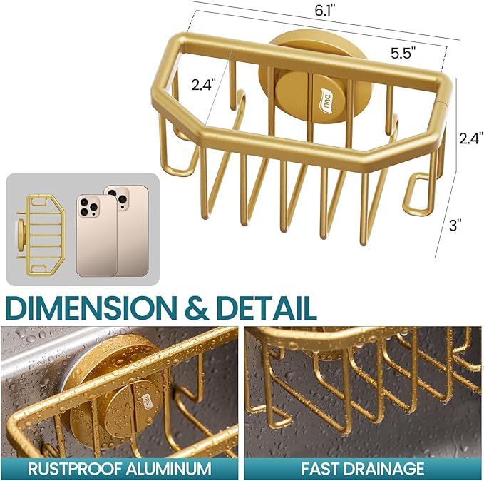 TAILI Sponge Holder for Kitchen Sink with Strong Suction Cup Removable, Rustproof Aluminum Sink Caddy for Sponge, Brush, Scrubber, Scraper -Gold