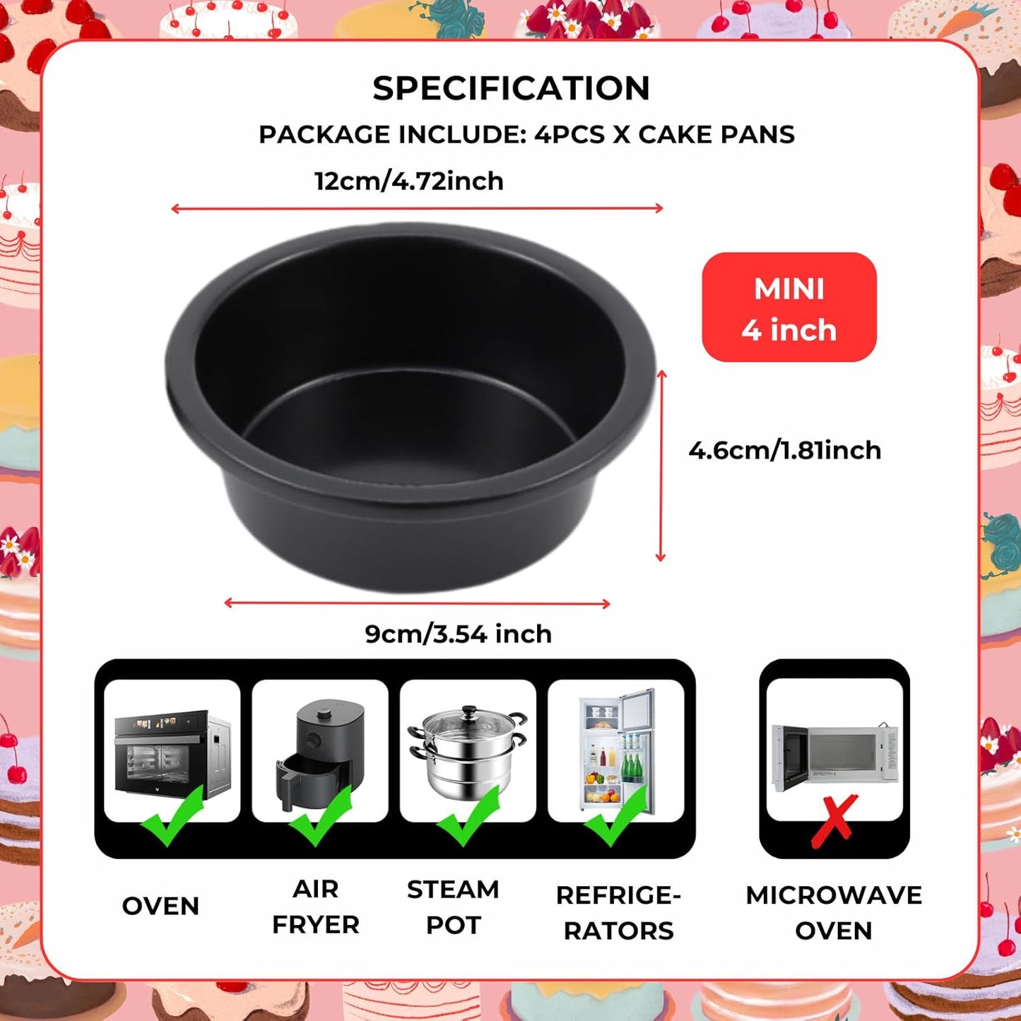 beyonday 4pcs Round Cake Pan with Removable Bottom, 4 inch Carbon Steel Cake Trays for Mini Bread Muffin Cupcake Hamburger, Non-stick Basque Cheesecake Baking Mold for Birthday Party Anniversary