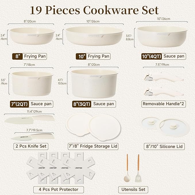 JEETEE Pots and Pans Set Non Stick 19pcs, Kitchen Cookware Sets with Detachable Handle, Induction Nonstick Cookware Set with Removable Handle, Stackable RV Cookware, Oven Safe, PFOA Free, Beige