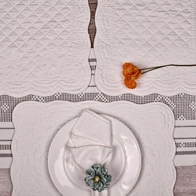 Quilted Placemats Set of 4 with Matching Cotton Napkins – 4 Piece Table Mats & 4 Cloth Napkins – 100% Cotton Table Linen Set for Everyday & Holiday Dining (4, Off White)