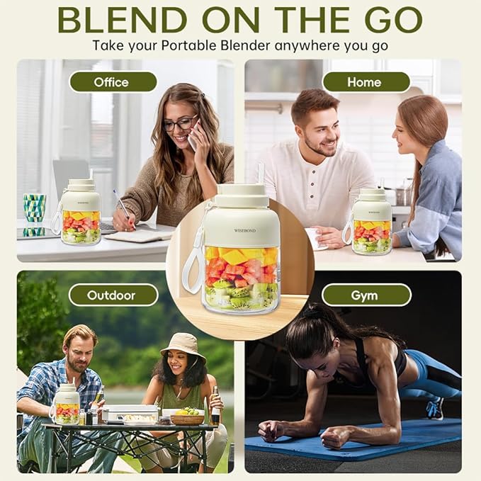 WISEBOND Portable Smoothie Blender for Shakes & Smoothies 43oz 1300ML large Capacity Cordless Juicer Cup Sharp Blades Powerful Blending Juice Vegetable Crush Small Ice for Kitchen Gym Outdoor