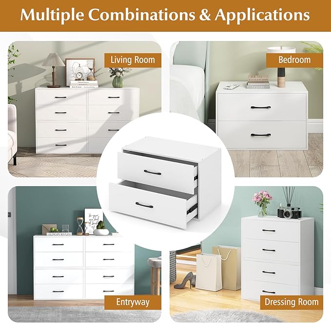 Giantex Stackable 2-Drawer Dressers for Bedroom - Short Dresser Two Drawer Storage Cabinet w/Handles & Anti-Topping Device, Small Dresser Chest of 2 Drawers for Closet Bedroom (1, White)