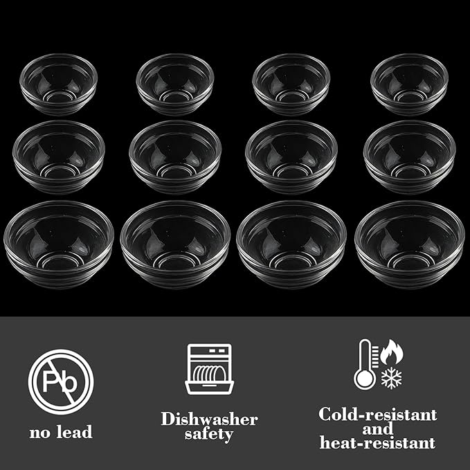 12-Piece Mini Glass Prep Bowls Set - 4x 1.5 oz, 4x 2.5 oz, 4x 4.5 oz Small Nesting Mixing Bowls for Kitchen, Food Prep, Spices, Sauces & Snacks