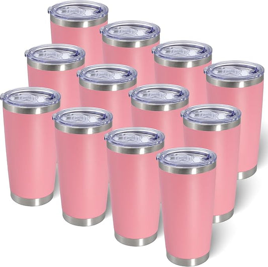 20oz Tumbler Bulk Stainless Steel Tumblers with Lid Vacuum Insulated Double Wall Travel Coffee Mug Powder Coated Tumbler Cup for Hot and Cold Drinks(Pink, 12 pack)