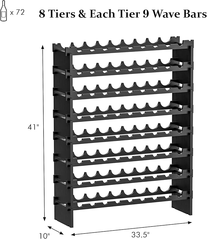 Bambloom Wine Rack Freestanding Floor, Wooden Stackable Bottle Storage Rack for Kitchen,Cellar. 72 Bottles Wine Holder Display Shelves for Champagne(Black)