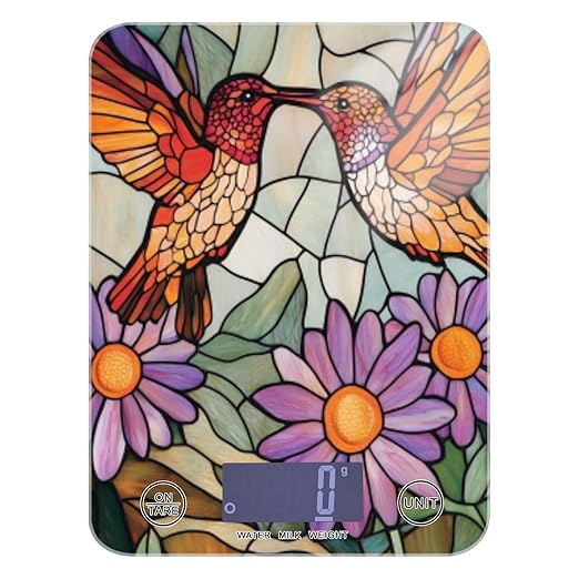 Brown Hummingbirds Purple Daisy Stained Glass Food Scale Kitchen Digital Scale Food Ounces and Grams Dieting Baking Cooking Waterproof Glass Panels LCD Display,4 Units Tare Function