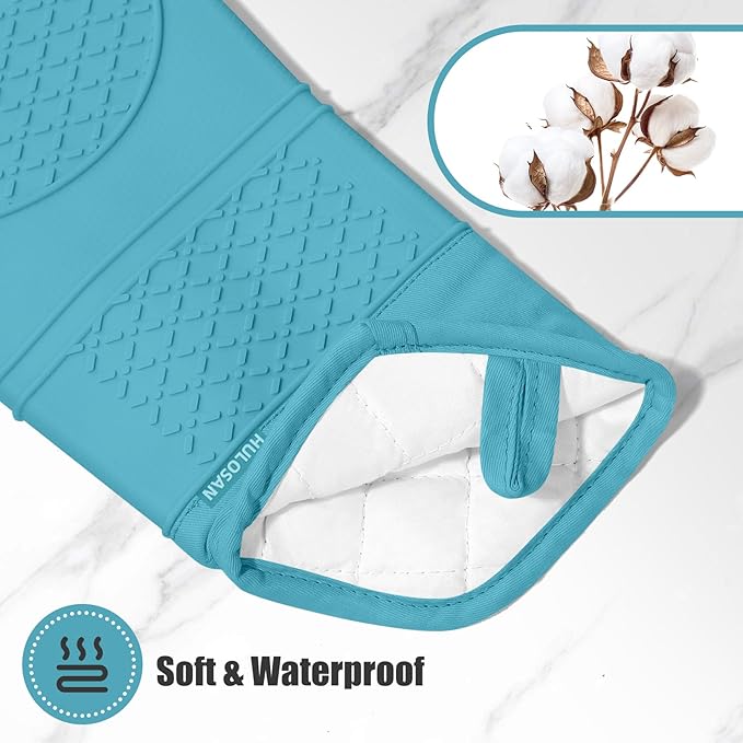 Oven Mitt and Pot Holders Sets, Quilted Cotton Terry Cloth,Non-Slip Pot Holder, Silicone Oven Mitt Heat Resistant, Oven Mittens 7.3"x14.2", Hot Pad 7"x10" & Dish Cloths 13"x25"