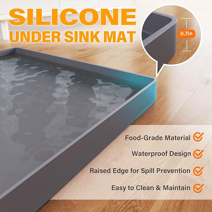 FLATO Waterproof Under Sink Mat 25" x 22" Shelf Liner for Kitchen and Bathroom, Cabinet Protector, Organizers and Storage, Flexible Silicone Drip Tray
