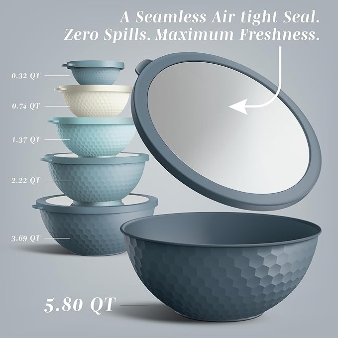 COOK WITH COLOR Mixing Bowls with Lids - 12 Piece Plastic Nesting Bowls Set includes 6 Prep Bowls and 6 Lids, Non Slip Bottom and Embossed Design - Microwave Safe (Blue)