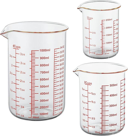 High Borosilicate Glass Measuring Cup Set-V-Shaped Spout，Includes 250ml(8OZ), 500ml(16OZ), and 1000ml(32OZ) Glass Measuring Beaker for Kitchen or Restaurant, Easy to Read