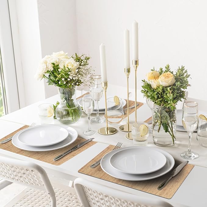 Vinyl Placemats Set of 6-12×17.7 Inch Waterproof & Heattable Placemats, Fall Faux Leather Wipeable Outdoor Table Mat for Dining, Kitchen, Indoor Outdoor Use (Brown, Wood Grain)